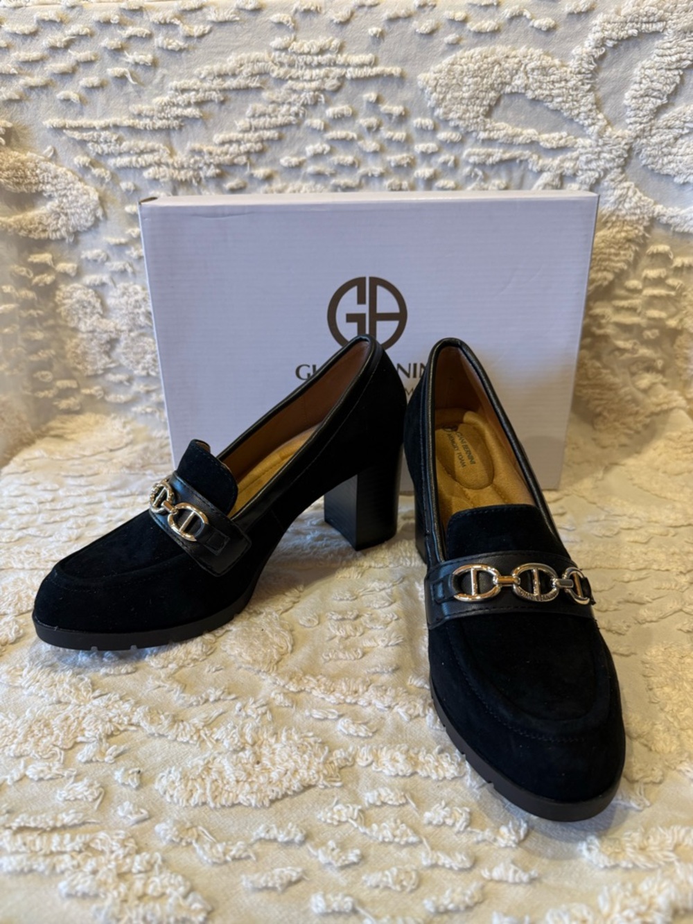 Giani Bernini Black Suede Chain-Trim Block Heel Loafers #649
